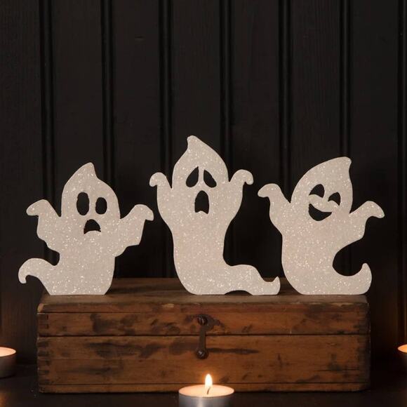 New Set of 3 Bethany Lowe White Tin Glitter Ghosts Halloween Tiered Tray Decor - Picture 1 of 5